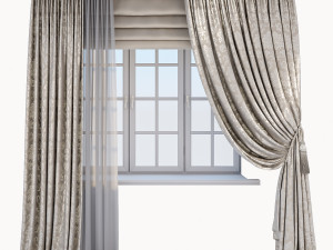 classic beige curtain with a damasc pattern a roman blind and window 3D Model