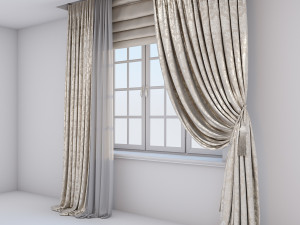 classic beige curtain with a damasc pattern a roman blind and window 3D 模型