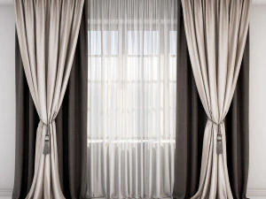 갈색과 베이지색 커튼 로마 블라인드와 창문 3D 모델