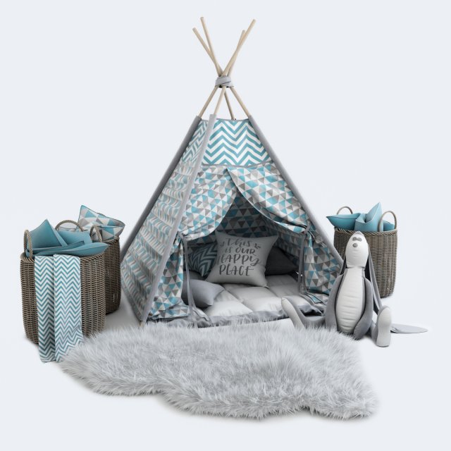 decorative set for children-a wigwam with a mattress pillows fur rug baskets and a soft toy hare 3D Model .c4d .max .obj .3ds .fbx .stl .blend 