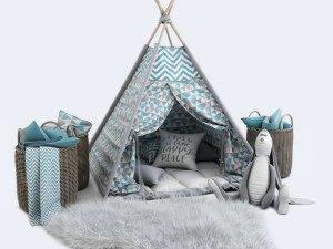 decorative set for children-a wigwam with a mattress pillows fur rug baskets and a soft toy hare 3D Model