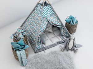 decorative set for children-a wigwam with a mattress pillows fur rug baskets and a soft toy hare 3D Model