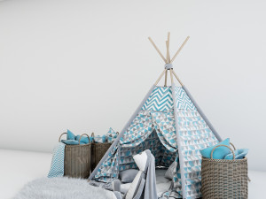 decorative set for children-a wigwam with a mattress pillows fur rug baskets and a soft toy hare 3D Model