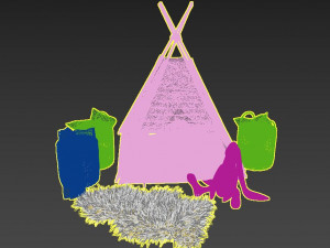 decorative set for children-a wigwam with a mattress pillows fur rug baskets and a soft toy hare 3D Model