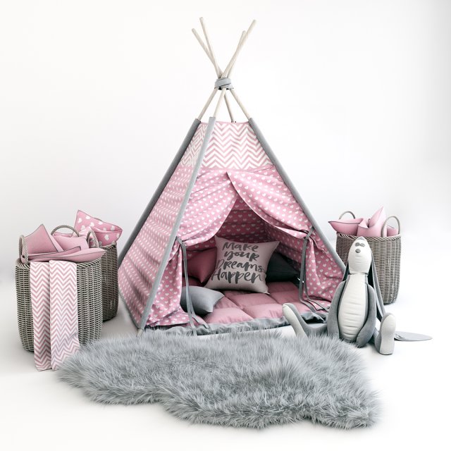 decorative set for children-a wigwam with a mattress pillows fur rug baskets and a soft toy hare 3Dモデル .c4d .max .obj .3ds .fbx .stl .blend 