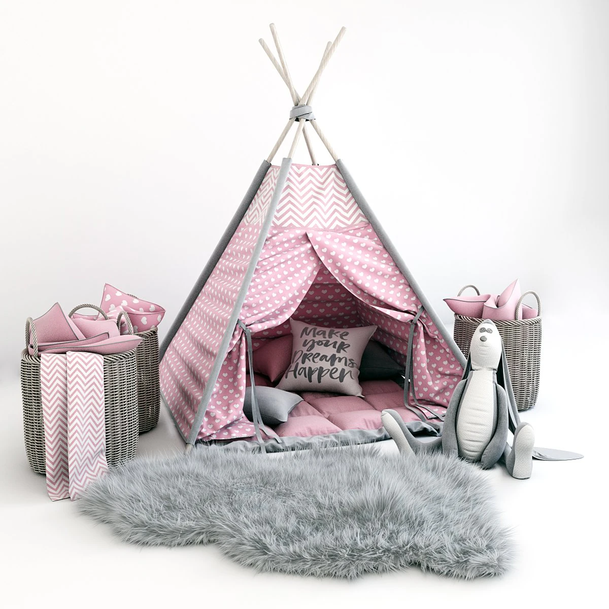 decorative set for children-a wigwam with a mattress pillows fur rug baskets and a soft toy hare 3D Model .c4d .max .obj .3ds .fbx .stl .blend 