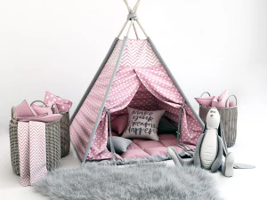 子供用の装飾セット - マットレス枕付きのウィグワム、毛皮の敷物バスケット、ウサギのぬいぐるみ 3Dモデル