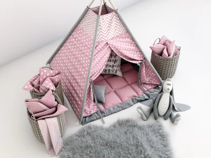 decorative set for children-a wigwam with a mattress pillows fur rug baskets and a soft toy hare 3D Model