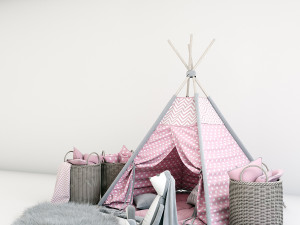 decorative set for children-a wigwam with a mattress pillows fur rug baskets and a soft toy hare 3Dモデル