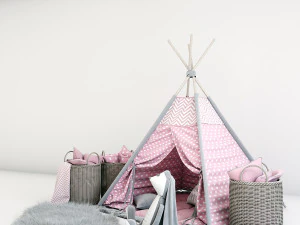 decorative set for children-a wigwam with a mattress pillows fur rug baskets and a soft toy hare 3D Model