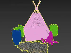 decorative set for children-a wigwam with a mattress pillows fur rug baskets and a soft toy hare 3D Model