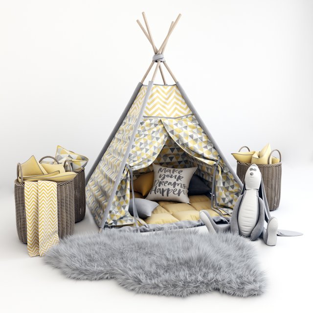 decorative set for children-a wigwam with a mattress pillows fur rug baskets and a soft toy hare 3D Model .c4d .max .obj .3ds .fbx .stl .blend 