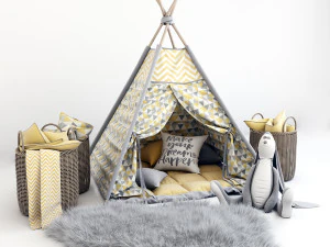 Ensemble d&eacute;coratif pour enfants, un wigwam avec un matelas, des oreillers, des paniers de tapis en fourrure et un li&egrave;vre en peluche Modèle 3D