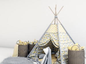 decorative set for children-a wigwam with a mattress pillows fur rug baskets and a soft toy hare 3D Model