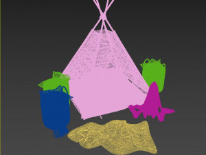 decorative set for children-a wigwam with a mattress pillows fur rug baskets and a soft toy hare 3D Model