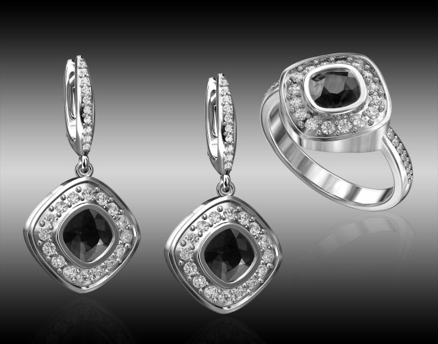 diamond ring and earrings with black chrysoprase gem 3D Print Model .c4d .max .obj .3ds .fbx .stl .blend 