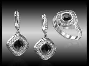 diamond ring and earrings with black chrysoprase gem 3D Print Model