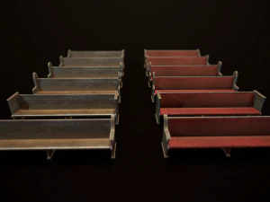 juego de bancos de iglesia de madera listos para el juego low-poly Modelo 3D