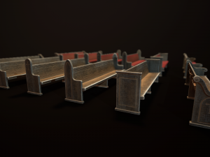 game ready wooden church pews set low-poly Modèle 3D