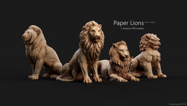 Paper Lions - 5 lowpoly PBR models Low-poly Model 3D .c4d .max .obj .3ds .fbx .stl .blend 
