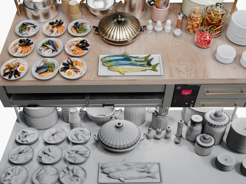 Food Serving Table with Seafood 3Dモデル