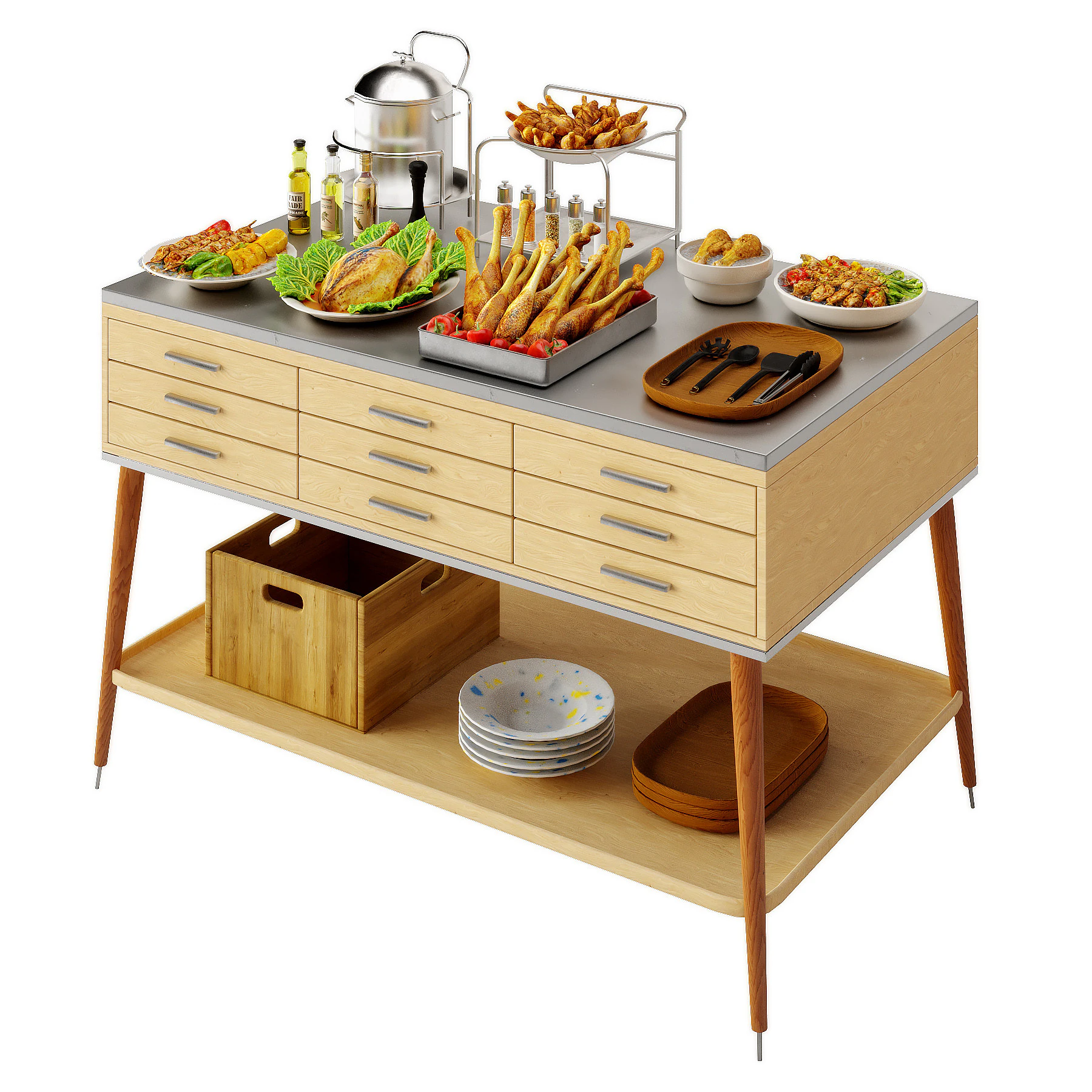 Food Serving Table with Poultry Dishes 3D Model .c4d .max .obj .3ds .fbx .stl .blend 