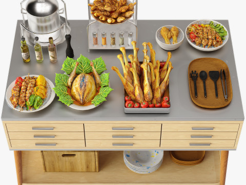 Food Serving Table with Poultry Dishes Model 3D