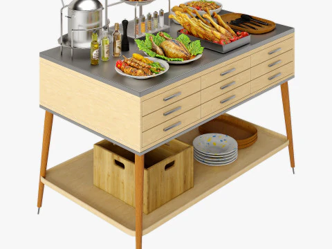 Food Serving Table with Poultry Dishes 3D Model