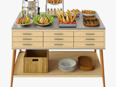 Food Serving Table with Poultry Dishes 3D Model