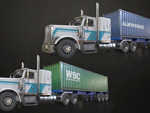 Flat Top Semi Truck Container Trailer - Low Poly 3D Model