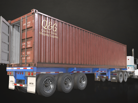 Flat Top Semi Truck Container Trailer - Low Poly Modelo 3D