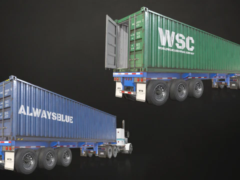 Flat Top Semi Truck Container Trailer - Low Poly 3D Model