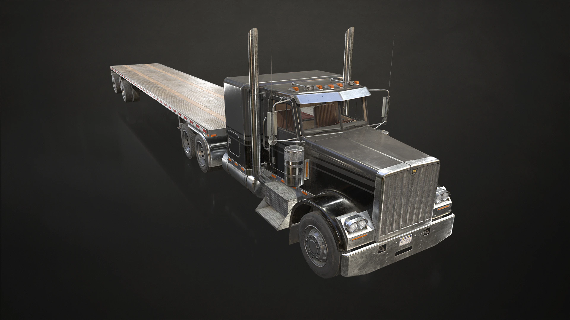 Flat Top Semi Truck Flatbed Trailer - Low Poly 3D Model .c4d .max .obj .3ds .fbx .stl .blend 