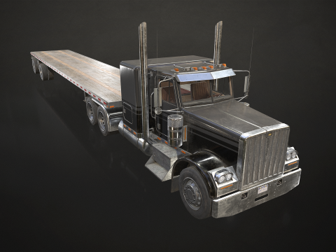 Flat Top Semi Truck Flatbed Trailer - Low Poly 3D Model