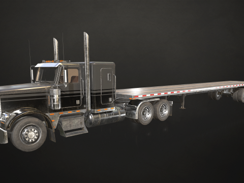 Flat Top Semi Truck Flatbed Trailer - Low Poly 3D Модель