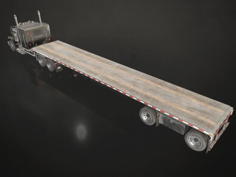 Flat Top Semi Truck Flatbed Trailer - Low Poly 3D Model