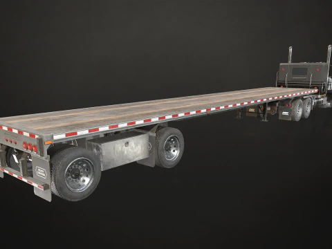 Flat Top Semi Truck Flatbed Trailer - Low Poly 3D Model