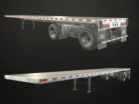 Flat Top Semi Truck Flatbed Trailer - Low Poly 3D Модель