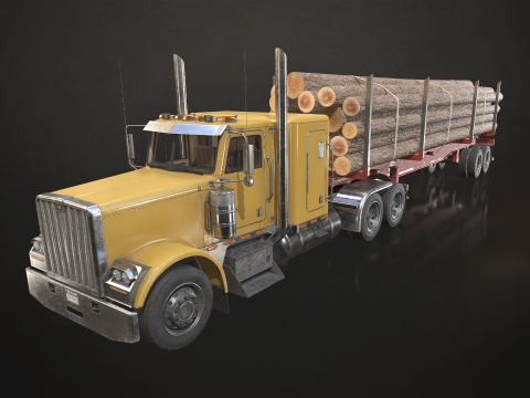 Flat Top Semi Truck Logging Trailer - Low Poly 3D Model
