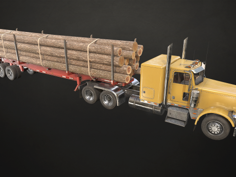 Flat Top Semi Truck Logging Trailer - Low Poly Modelo 3D