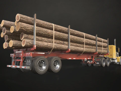 Flat Top Semi Truck Logging Trailer - Low Poly 3D Model