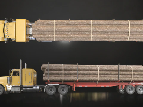 Flat Top Semi Truck Logging Trailer - Low Poly 3D Model