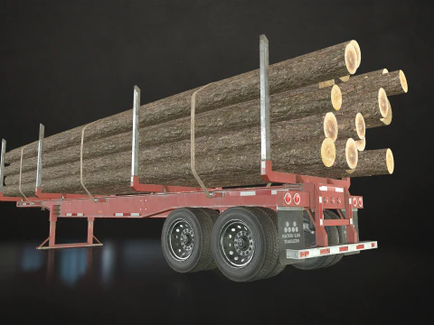 Flat Top Semi Truck Logging Trailer - Low Poly 3D Model