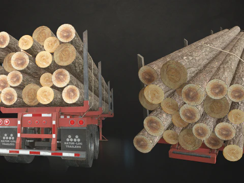 Flat Top Semi Truck Logging Trailer - Low Poly 3D Model