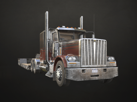 Flat Top Semi Truck Lowboy Trailer - Low Poly 3D Model