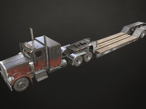 Flat Top Semi Truck Lowboy Trailer - Low Poly 3D Model