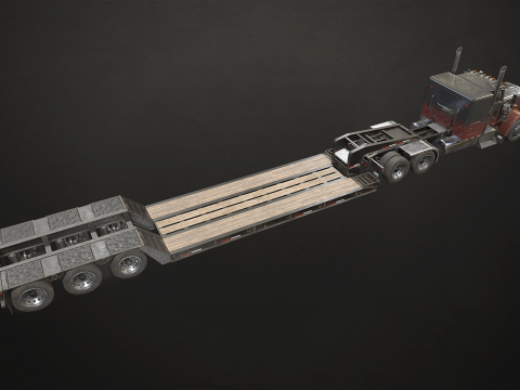 Flat Top Semi Truck Lowboy Trailer - Low Poly 3D Model