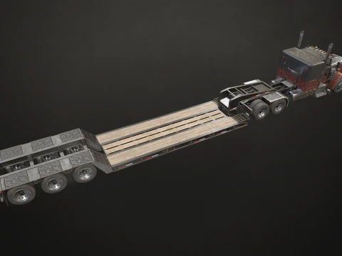 Flat Top Semi Truck Lowboy Trailer - Low Poly 3D Model