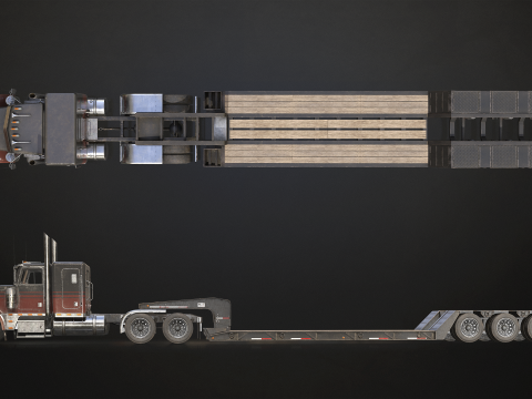 Flat Top Semi Truck Lowboy Trailer - Low Poly 3D Model