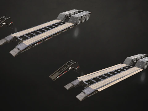 Flat Top Semi Truck Lowboy Trailer - Low Poly 3D Model